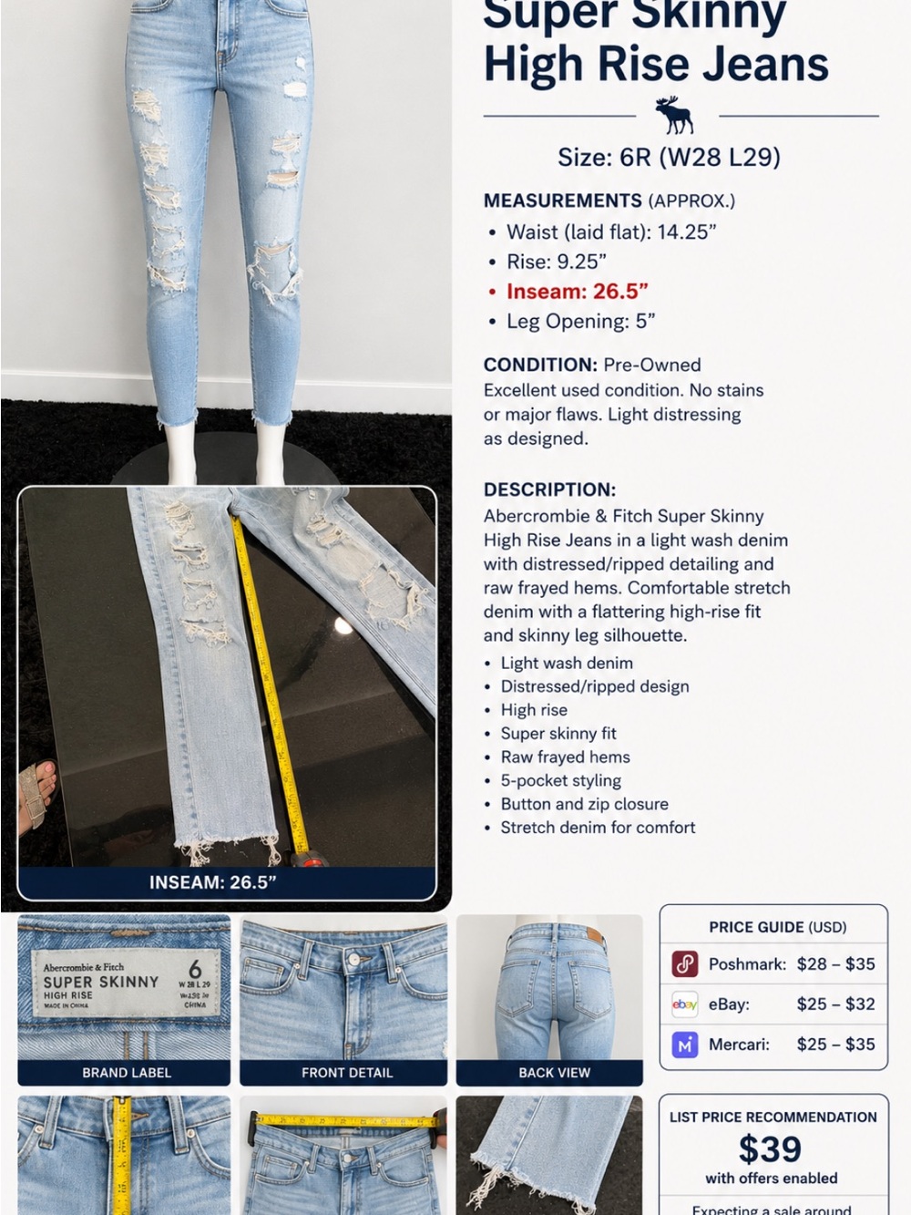 Abercrombie & Fitch Light Wash Distressed Super Skinny High Rise Jeans Size 6R
